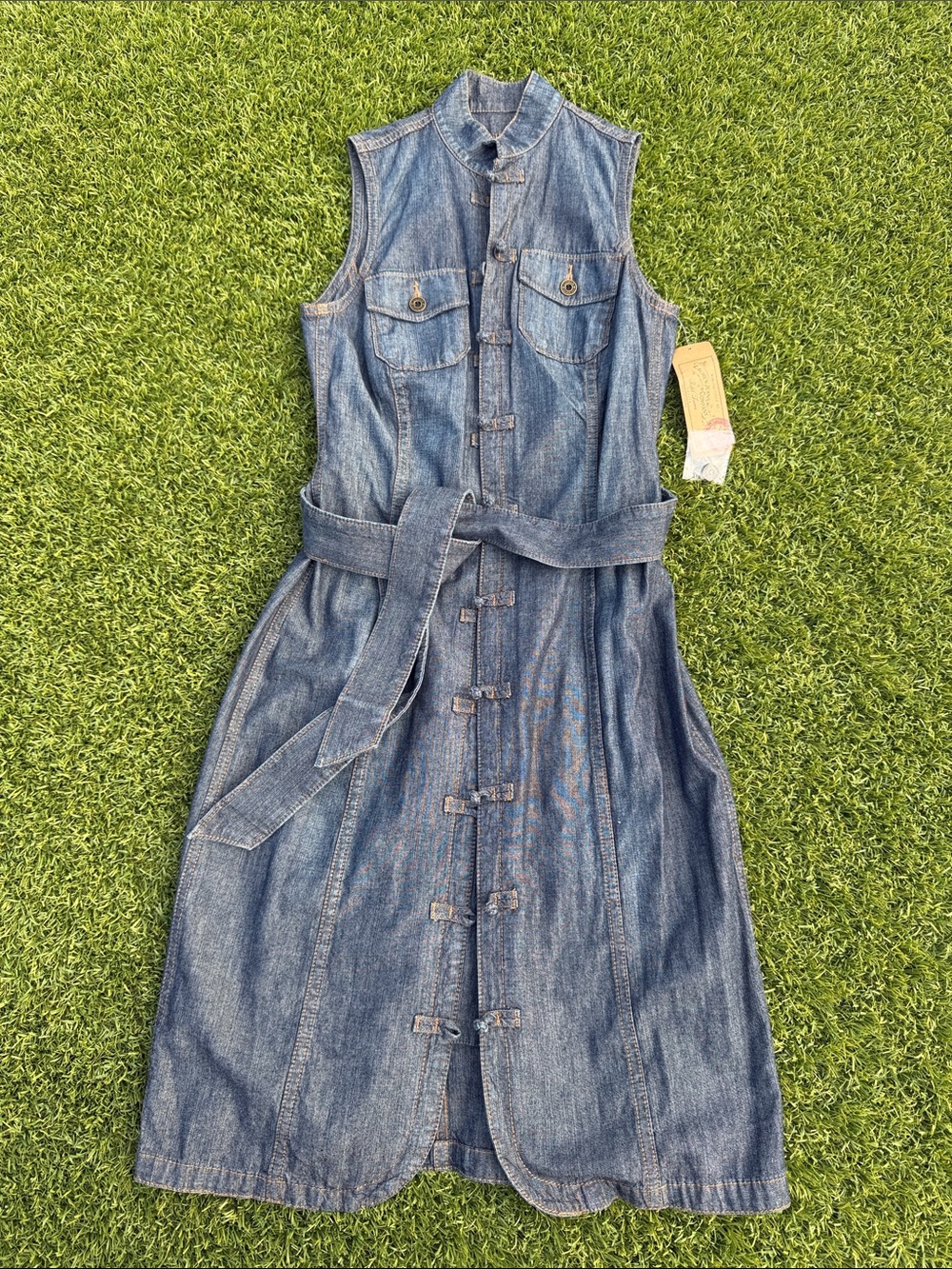 Ralph Lauren Sleeveless Mandarin Colar Denim Midi Dress in Blue